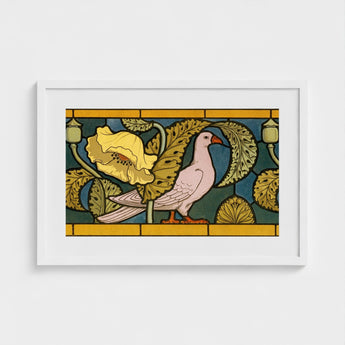 Pigeon et Pavots - Maurice Pillard Verneuil Art Print / Canvas Framed Nouveau-style Pale Pink Dove Orange, Verneuil’s Feathered Muse,