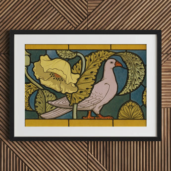 Pigeon et Pavots - Maurice Pillard Verneuil Art Print / Canvas Framed Stylized Pink Dove Orange Beak, Verneuil’s Feathered Muse, Nouveau’s