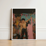 White-framed Artwork Shirtless Man Black Pants Gold Chains Party Art Print, Gay Rajasthani
