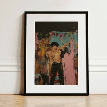 Pin-up - Gay Rajasthani After Party Art Print / Canvas Black-framed Vibrant Stylized Painting Shirtless Man, Prints