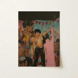 Pin-up - Gay Rajasthani After Party Art Print / Canvas Vibrant Abstract Painting Muscular Man Black Pants Gold, Prints