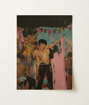 Vibrant Abstract Painting Muscular Man Black Pants Gold Party Art Print, Gay Rajasthani