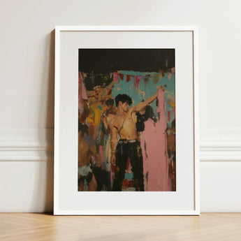 Pin-up - Gay Rajasthani After Party Art Print / Canvas White-framed Stylized Colorful Depiction Shirtless Man, Prints