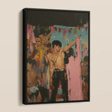 Pin-up - Queer Rajasthani After Party Framed Canvas, Vibrant Framed Painting Shirtless Man Dark Hair Piece