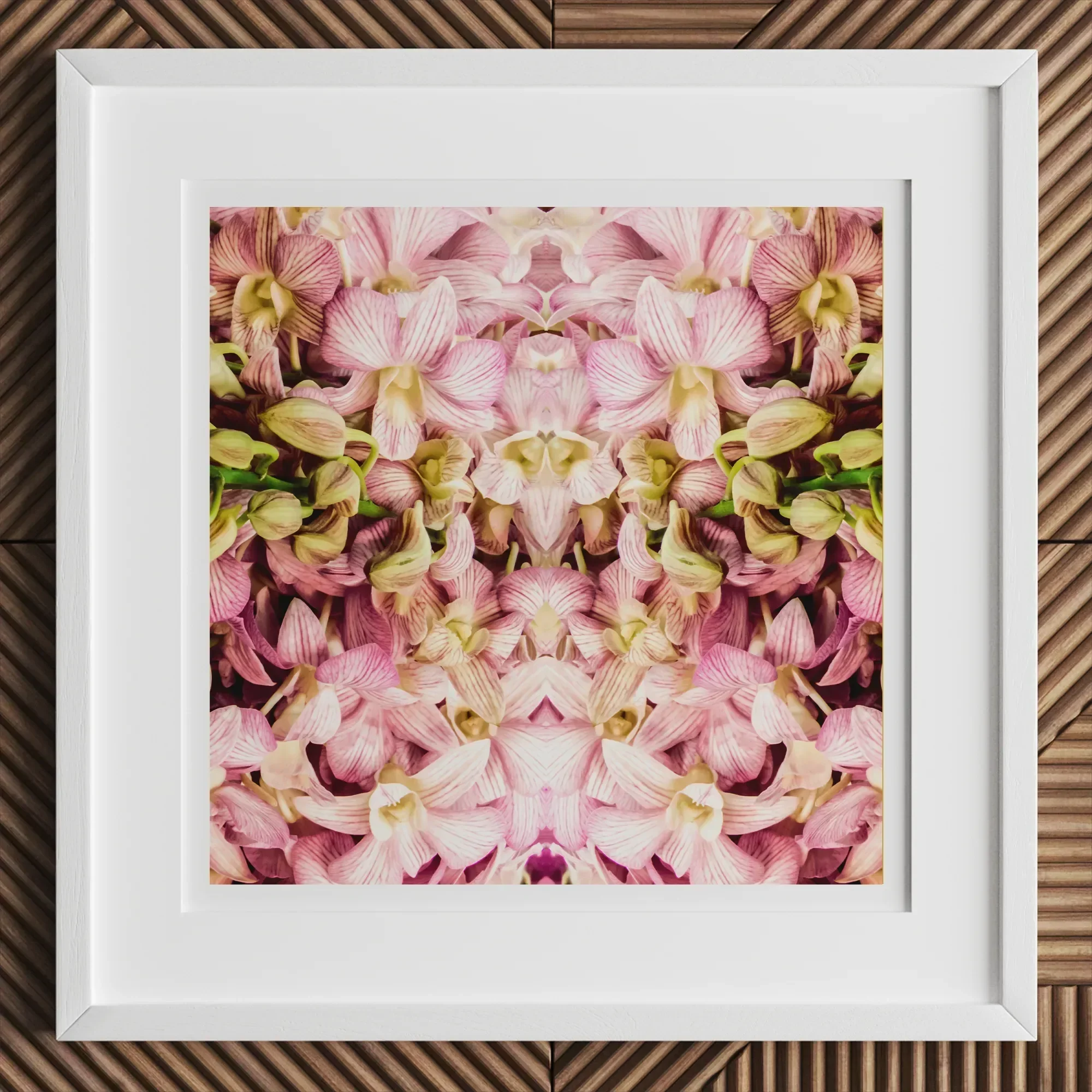 Pink Kaleidoscope - Thai Orchid Art Print, 12x12’’ / 31x31cm / White Frame / 2’’ Matboard, Framed Art Print Vibrant Mirrored Pattern Pink