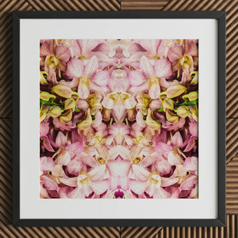 Pink Kaleidoscope - Thai Orchid Art Print / Canvas Framed Artwork Symmetrical Kaleidoscopic Pattern Yellow Orchids, Photography, Floral