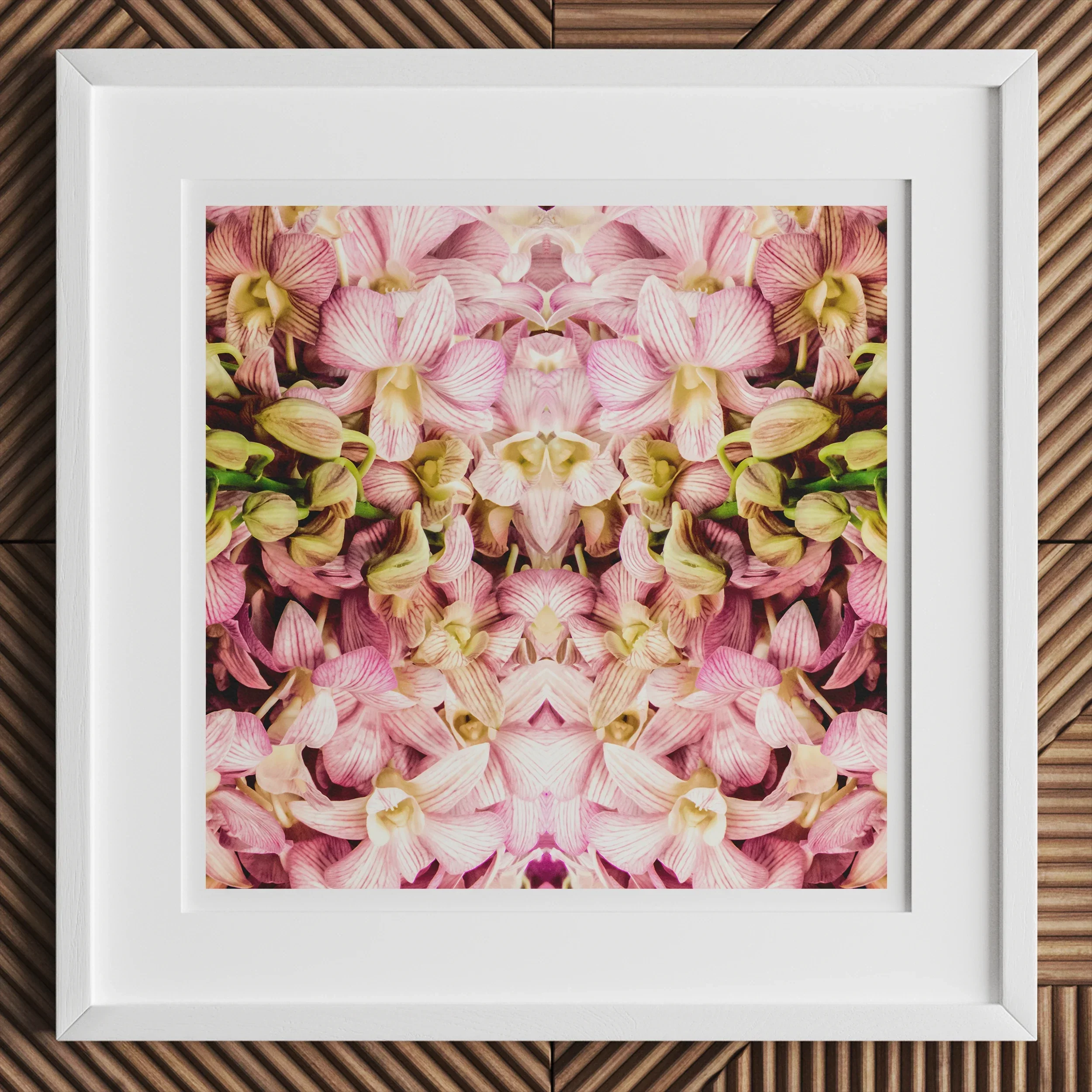 Pink Kaleidoscope Thai Orchid Art Print, Framed Artwork Symmetrical Floral Pattern Pink Yellow Hues