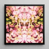 Pink Kaleidoscope - Trippy Orchid Art Framed Canvas, 12x12’’ / 31x31cm / Black Floating Frame, Symmetrical Kaleidoscopic Pattern Pink
