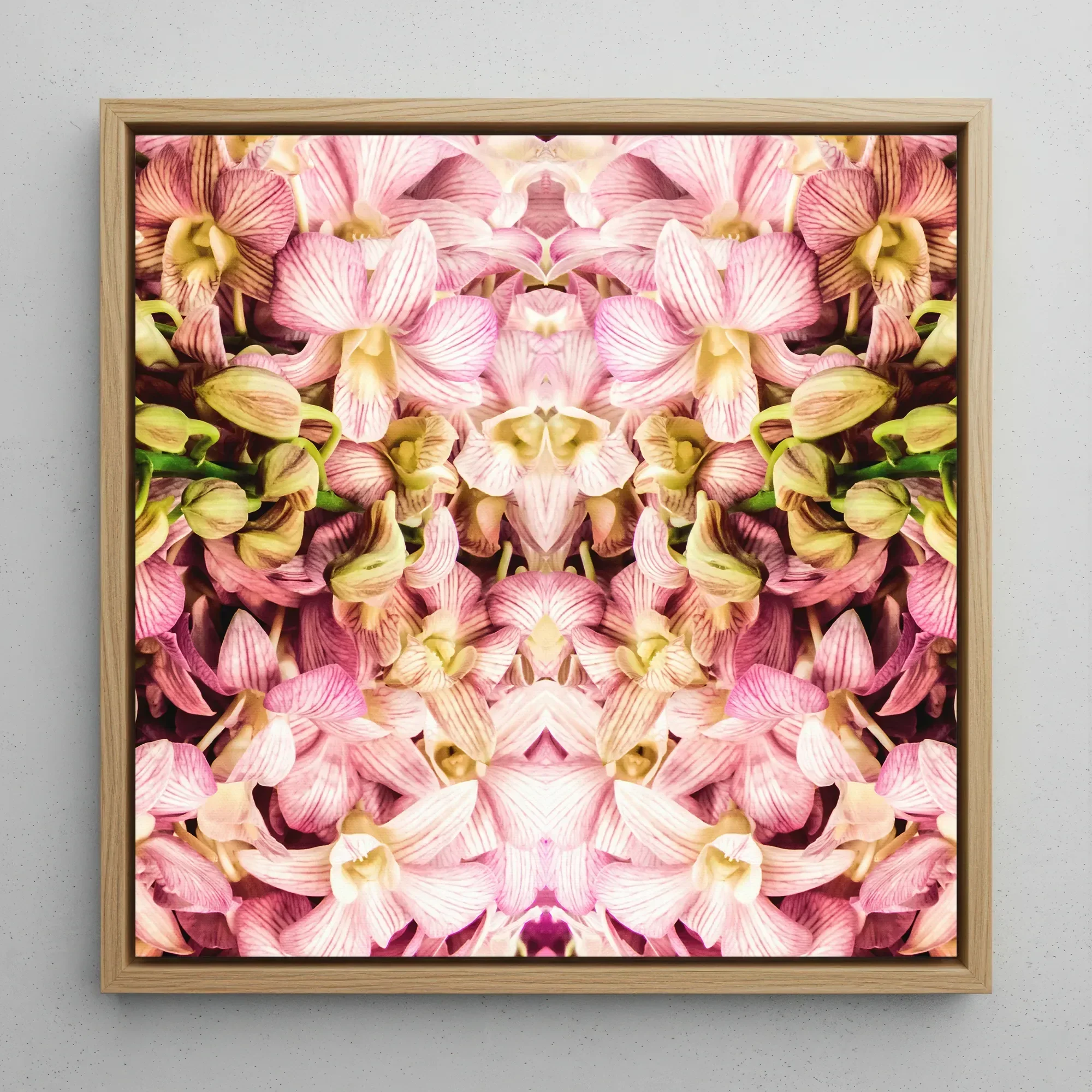 Pink Kaleidoscope - Trippy Orchid Art Framed Canvas, 12x12’’ / 31x31cm / Natural Floating Frame, Square Framed Artwork Pink Yellow Orchids