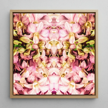 Pink Kaleidoscope - Trippy Orchid Art Framed Canvas, 12x12’’ / 31x31cm / Natural Floating Frame, Square Framed Artwork Pink Yellow Orchids
