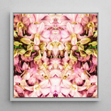 Pink Kaleidoscope - Trippy Orchid Art Framed Canvas, 12x12’’ / 31x31cm / White Floating Frame, Symmetrical Pink Yellow Orchid Pattern White