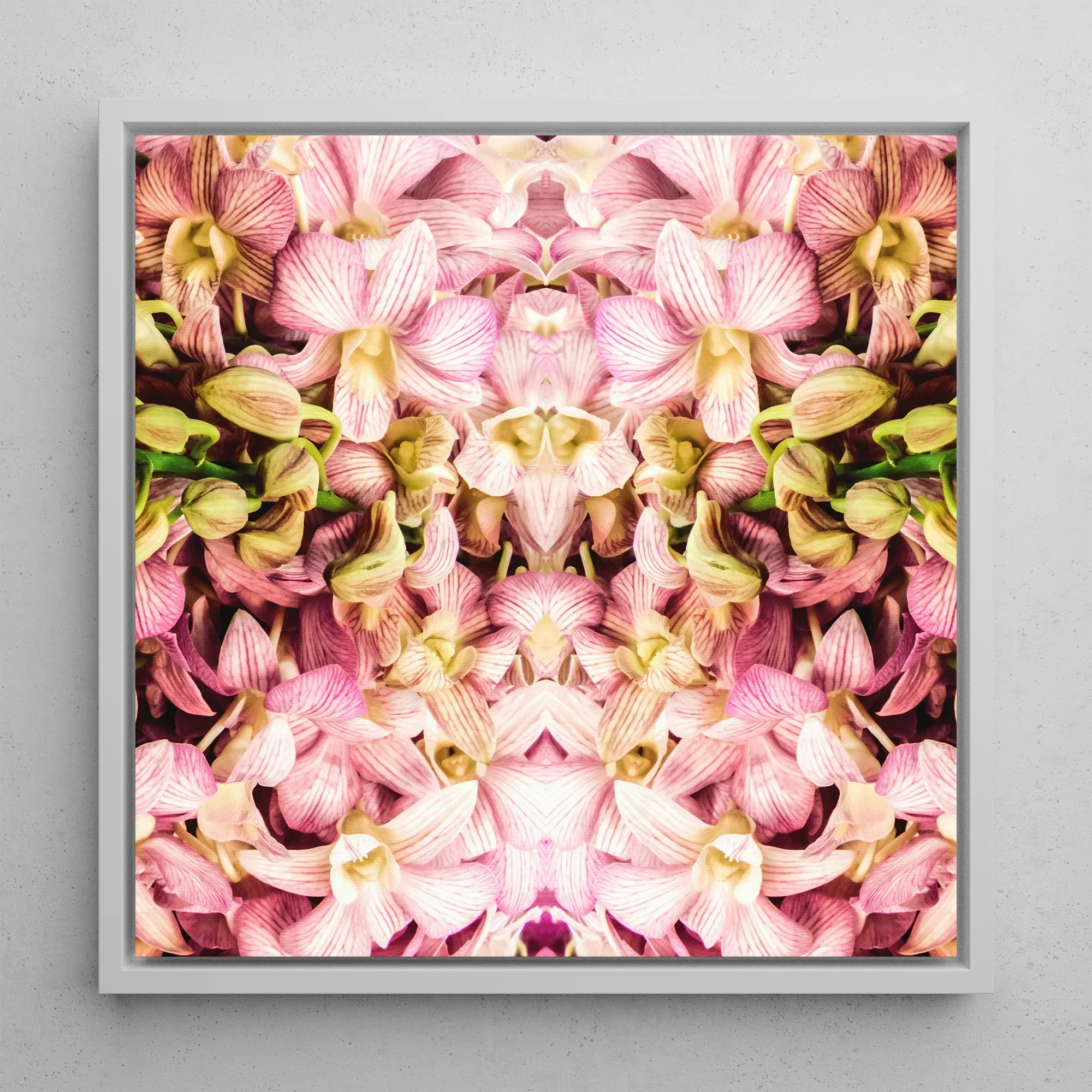 Pink Kaleidoscope - Trippy Orchid Art Framed Canvas, 12x12’’ / 31x31cm / White Floating Frame, Symmetrical Pink Yellow Orchid Pattern White