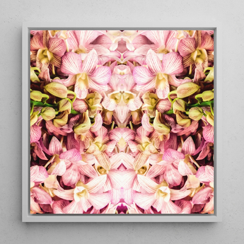 Pink Kaleidoscope - Trippy Orchid Art Framed Canvas, 12x12’’ / 31x31cm / White Floating Frame, Symmetrical Pink Yellow Orchid Pattern White