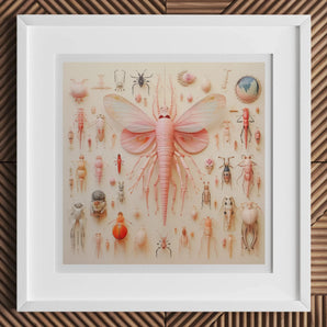 Pink Mama Moth - Alien Species Taxonomy Art Print, 12x12’’ / 31x31cm / White Frame / 2’’ Matboard, Framed Artwork Pink Winged Insect