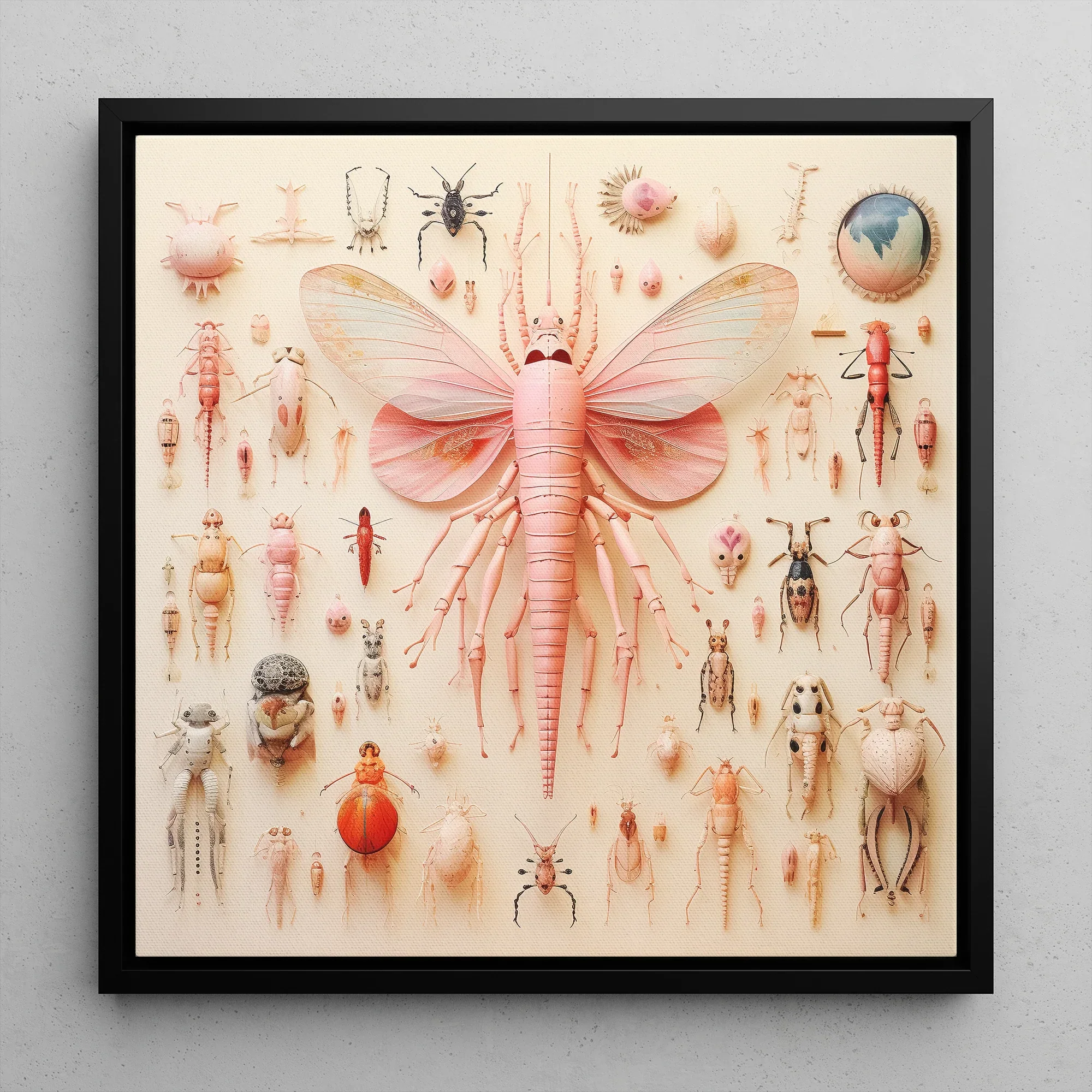 Pink Mama Moth - Alien Species Taxonomy Framed Canvas, 12x12’’ / 31x31cm / Black Floating Frame, Framed Pink Insect Collection