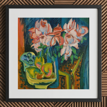 Pink Roses - Ernst Ludwig Kirchner Art Print / Canvas, 12x12’’ / 31x31cm / Black Frame / Matboard, Posters Prints & Visual Artwork, Toby