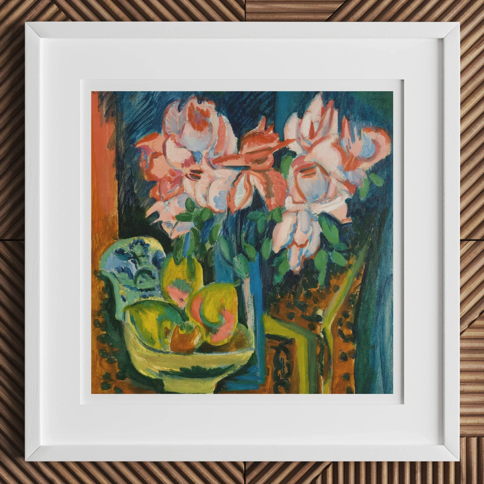 Pink Roses - Ernst Ludwig Kirchner Art Print, 12x12’’ / 31x31cm / White Frame / 2’’ Matboard, Framed Painting Vibrant Flowers Bowl Fruit