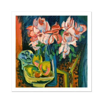Pink Roses - Ernst Ludwig Kirchner Art Print / Canvas Lilies Fruit Green Bowl Painted Expressive Vibrant, Kirchner’s, Unbridled Emotion