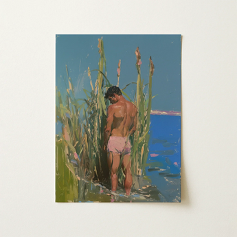 Rectangular Canvas Painting Shirtless Man Light Pink Swim Gay Bay Cruising, Art, Print, Secluded Parks, Torpedo