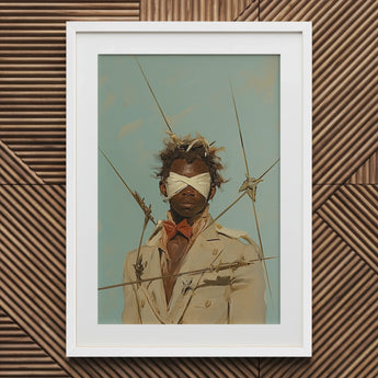 Pinpoint - Queer Black Outlaw Dandy Art Print / Canvas Beige Trench Coat Red Bow Tie Blindfolded Face, Prints