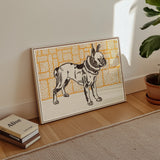 Pitbull - Moriz Jung Vintage Dog Illustration Art Print / Canvas Framed Artwork French Bulldog Yellow Patterned Background, Jung’s Terrier,