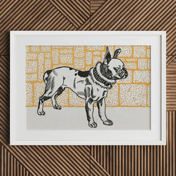Pitbull - Moriz Jung Vintage Dog Illustration Art Print / Canvas Framed Black-and-white French Bulldog Textured Yellow Brick, Jung’s