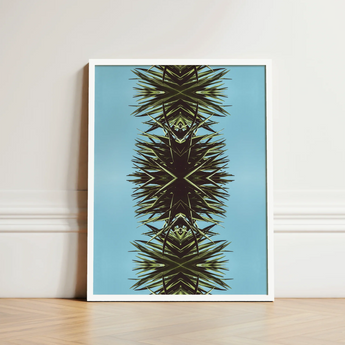 Framed Art Print Symmetrical Abstract Design Spiky Green Mirrored Botanical Leaf, Fractalized Foliage, Modern