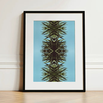 Pointy - Modern Mirrored Botanical Leaf Art Print / Canvas Black-framed Symmetrical Kaleidoscopic Design Spiky Green, Fractalized Foliage,