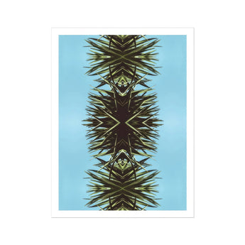 Pointy - Modern Mirrored Botanical Leaf Art Print / Canvas Symmetrical Kaleidoscopic Pattern Created Palm Fronds Blue Backdrop, Fractalized