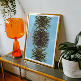 Pointy - Modern Mirrored Botanical Leaf Art Print, Framed Artwork Symmetrical Palm Frond Pattern Blue Background