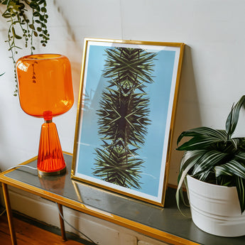 Pointy - Modern Mirrored Botanical Leaf Art Print, Framed Artwork Symmetrical Palm Frond Pattern Blue Background