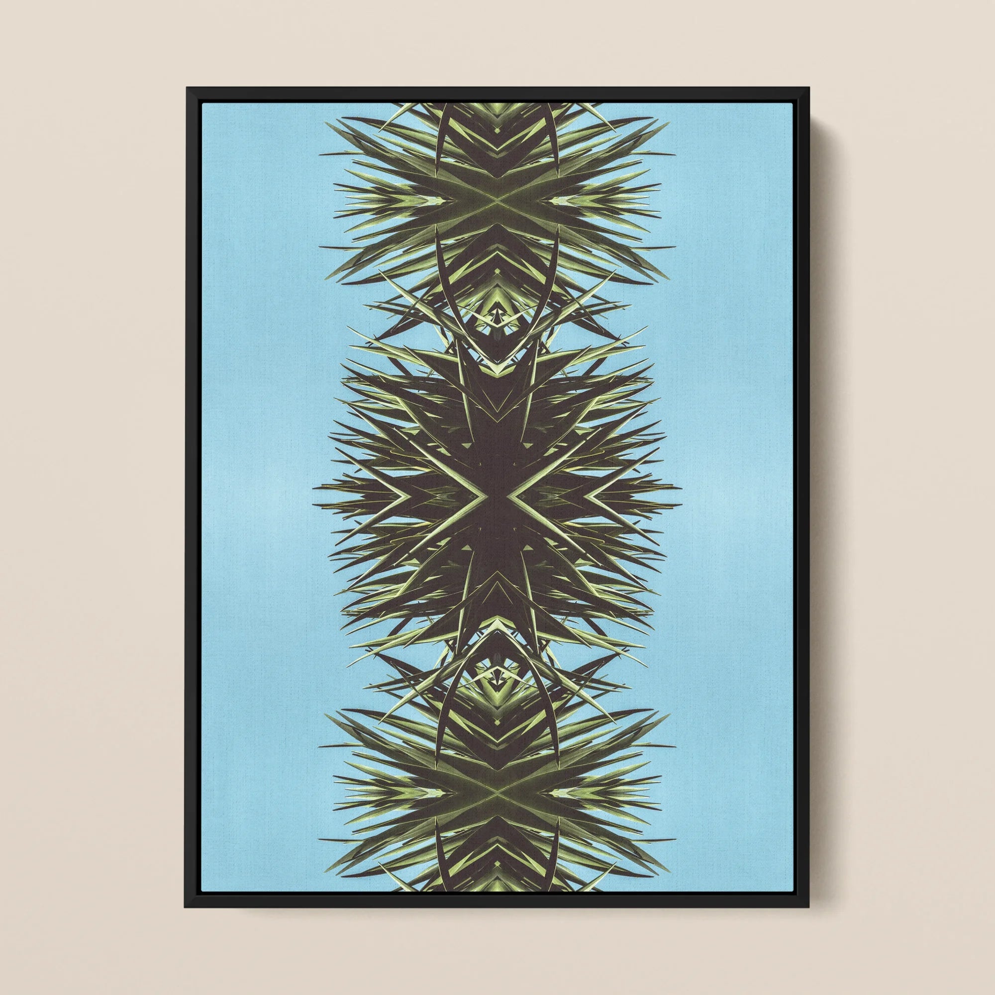 Pointy Modern Mirrored Leaf Art Framed Canvas, Symmetrical Pattern Palm Fronds Vertical Design Blue Background