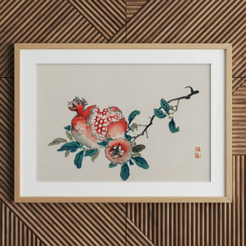Pomegranate - Kōno Bairei fruitkunstprint uit de Meiji-periode / Canvas, 30x20’’ / 76x51cm / Naturelkleurige Lijst / Passe-partout, Posters Prints & Visual