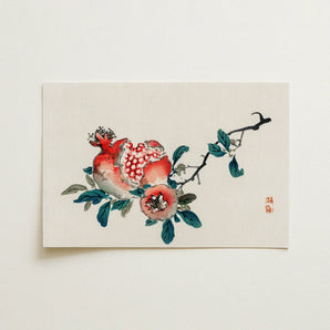 Pomegranate - Kono Bairei Meiji-era Fruit Art Print / Canvas Delicate Watercolor Painting Cream-colored Paper Depicts Vibrant Red Kōno