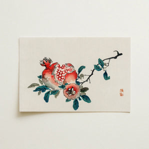 Pomegranate - Kono Bairei Meiji-era Fruit Art Print / Canvas Delicate Watercolor Painting Cream-colored Paper Depicts Vibrant Red Kōno