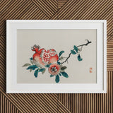 Pomegranate - Kono Bairei Meiji-era Fruit Art Print / Canvas Framed Traditional Chinese Ink Wash Painting Vibrant Red Kōno Bairei’s, Japan,