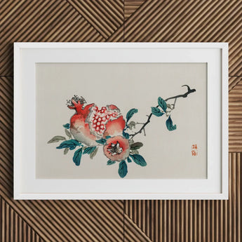 Pomegranate - Kono Bairei Meiji-era Fruit Art Print / Canvas Framed Traditional Chinese Ink Wash Painting Vibrant Red Kōno Bairei’s, Japan,
