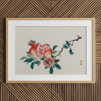 Pomegranate - Kono Bairei Meiji-era Fruit Art Print / Canvas Framed Watercolor Painting Blossoms Soft Reds Greens Kōno Bairei’s, Japan,
