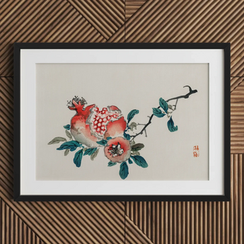 Pomegranate - Kono Bairei Meiji-era Fruit Art Print / Canvas Framed Watercolor Painting Pomegranates Leaves Red Pink Teal Kōno Bairei’s