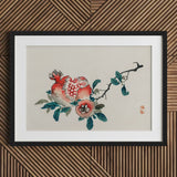 Pomegranate - Kono Bairei Meiji-era Fruit Art Print / Canvas Framed Watercolor Painting Pomegranates Leaves Red Pink Teal Kōno Bairei’s,