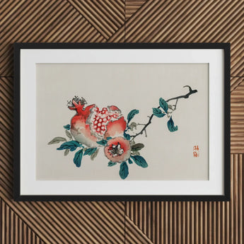 Pomegranate - Kono Bairei Meiji-era Fruit Art Print / Canvas Framed Watercolor Painting Pomegranates Leaves Red Pink Teal Kōno Bairei’s,