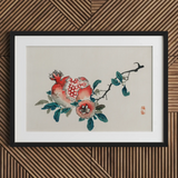 Pomegranate - Kono Bairei Meiji-era Fruit Art Print / Canvas Framed Watercolor Painting Pomegranates Leaves Red Pink Teal Kōno Bairei’s