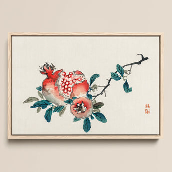 Framed Watercolor Painting Pomegranate Branch Vibrant Red Fruit Kōno Bairei’s, Meiji-era Japan