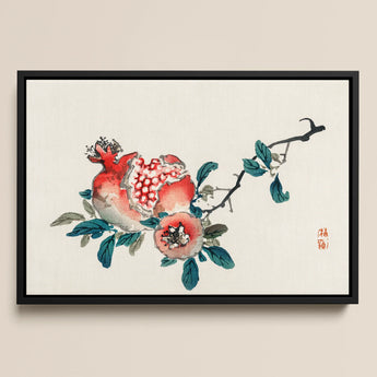 Framed Traditional Chinese Ink Wash Painting Vibrant Red Kōno Bairei’s Pomegranate, Meiji-era Japan