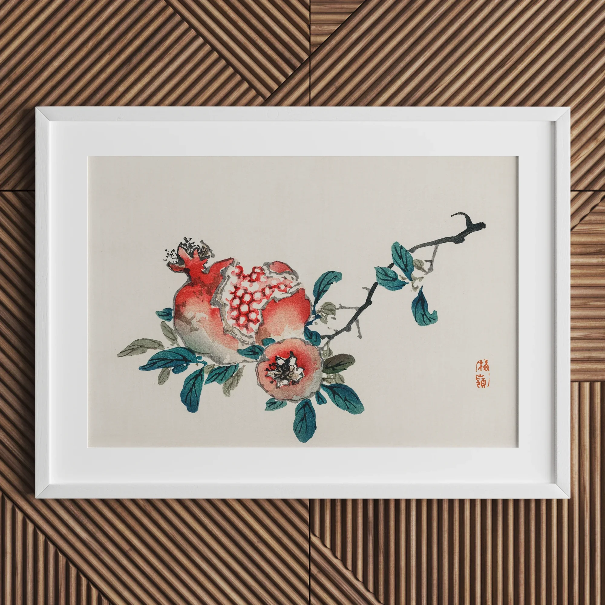 Pomegranate - Kōno Bairei Meiji-era Fruit Art Print, Framed Watercolor Painting Pomegranate Branch Fruit Leaves
