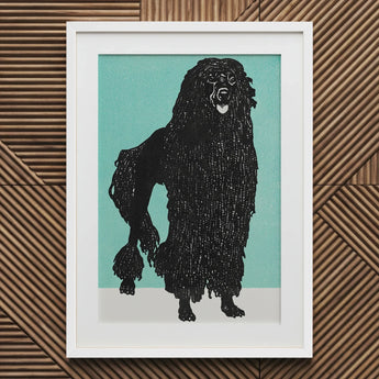 Poodle - Moriz Jung Vintage Graphic Dog Art Print / Canvas Black White Frame Teal Background, Canine Charisma Explosion, Prints