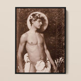 Portrait of Nino Cesarini - Guglielmo Pluschow Art Print / Canvas Black-framed Sepia-toned Muscular Man Flowers Hair, Steps, Plüschow’s