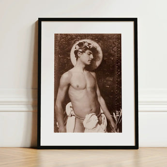 Portrait of Nino Cesarini - Guglielmo Pluschow Art Print / Canvas Black-framed Sepia-toned Muscular Man Laurel, Steps, Plüschow’s Naples