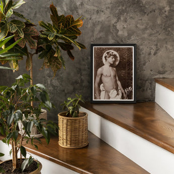 Portrait of Nino Cesarini - Guglielmo Pluschow Art Print / Canvas Black-framed Sepia-toned Shirtless Man Vintage Attire, Steps, Plüschow’s