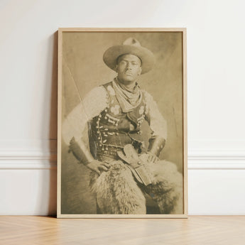 Sepia-toned Framed Portrait Cowboy Traditional Attire Encased Light Photographic Postcard, Gelatin Silver Print, Leather Holster Belt,